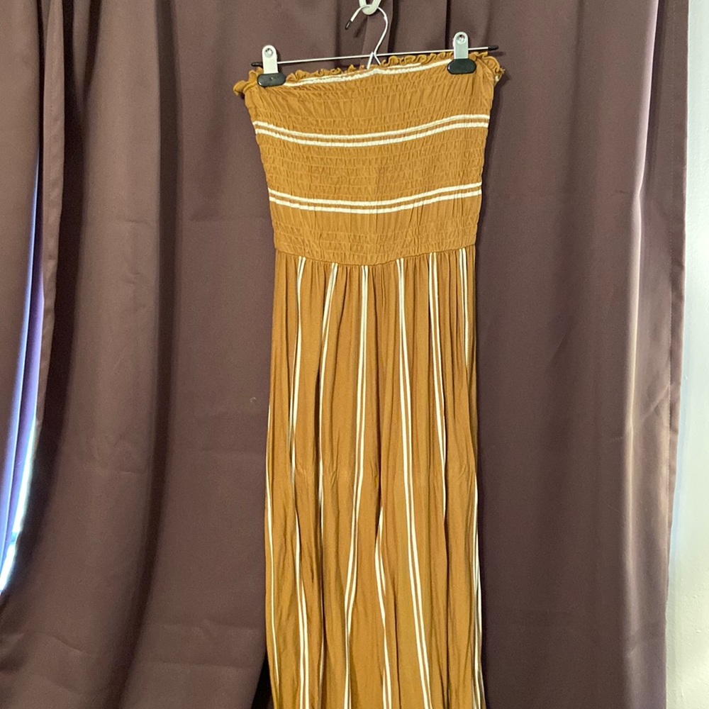 Alter’d State Mustard and crème striped strapless jumpsuit